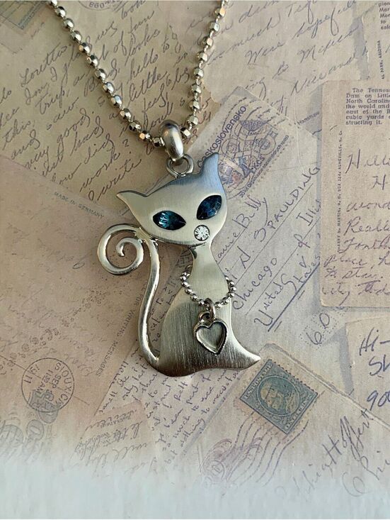 Jewelry - Vintage Charming Silver Cat Pendant Necklace with Blue Crystal Eyes Heart Charm